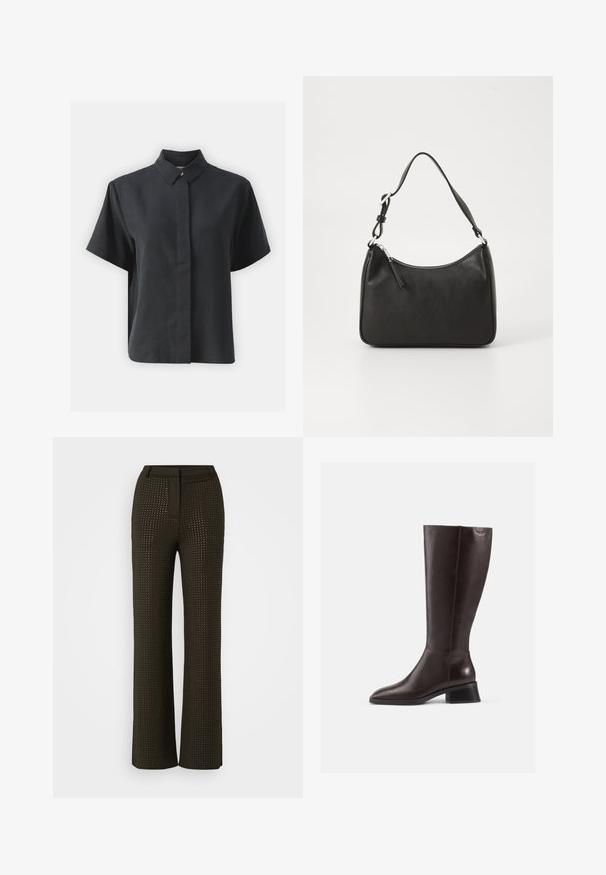 Cămașă neagră cu mânecă scurtă și nasturi, cu un guler clasic, realizată dintr-un material neted, având o croială dreaptă și un design minimalist.; Pantaloni largi în nuanță de brun închis, cu un model texturat de mici decupaje. Au o talie ajustată și un design fără cusături pentru o apariție elegantă.; Botine din piele maro, până la genunchi, cu finisaj neted, vârf rotund și toc negru, stratificat. Design simplu, cu detalii hardware minime.; Geantă de mână din piele neagră, cu o formă curbată, curea unică, închidere cu fermoar și un branding subtil pe față. Textură fină, design minimalist.