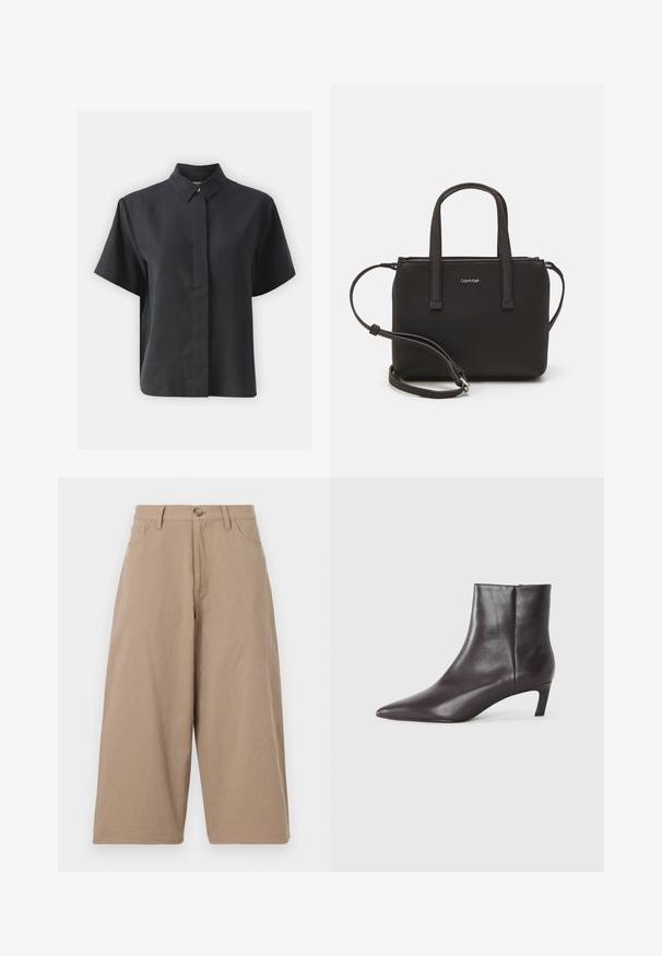 Czarna koszula z krótkim rękawem na guziki z klasycznym kołnierzykiem, wykonana z gładkiego materiału, charakteryzująca się prostym krojem i minimalistycznym wzornictwem.; Khaki szerokie spodnie z bawełny, z wysokim stanem, przednimi kieszeniami i pojedynczym zapięciem na guzik. Gładka tekstura i prosty krój.; Czarne skórzane botki za kostkę z ostrym noskiem i niskim obcasem typu kitten heel, gładkie wykończenie, z bocznym zamkiem, zaprezentowane na neutralnym tle.; Czarna torebka z dwoma krótkimi uchwytami i odpinanym paskiem na ramię. Gładki materiał przypominający skórę, z zamkiem błyskawicznym i detalem z logo.