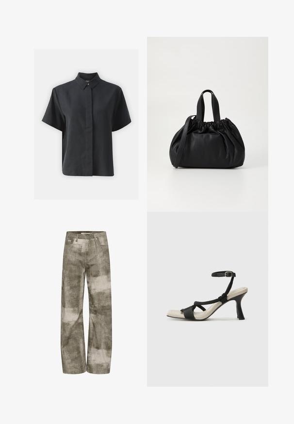 Short-sleeve black button-up shirt with a classic collar, made of a smooth fabric, featuring a straight cut and minimalistic design.; Wide-leg trousers in a faded olive green with beige abstract patterns. Features a classic five-pocket design and metal hardware accents.; Black heeled sandal with braided strap design, square toe, and adjustable ankle strap. Light beige footbed with a glossy black heel.; Black leather handbag with a gathered top design, featuring two short handles and a long adjustable strap. Smooth texture, rounded shape.