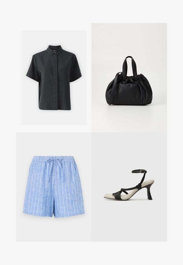 Camisa de botones negra de manga corta con cuello clásico, hecha de una tela suave, con corte recto y diseño minimalista.; Pantalones cortos de lino azul claro con rayas verticales blancas, una cintura elástica y un cordón atado en la parte delantera.; Sanda¡ía de tacón negro con diseño de tira trenzada, punta cuadrada y correa ajustable en el tobillo. Plantilla de color beige claro con un tacón negro brillante.; Bolso de mano de cuero negro con un diseño de parte superior fruncida, que cuenta con dos asas cortas y una correa larga ajustable. Textura suave, forma redondeada.
