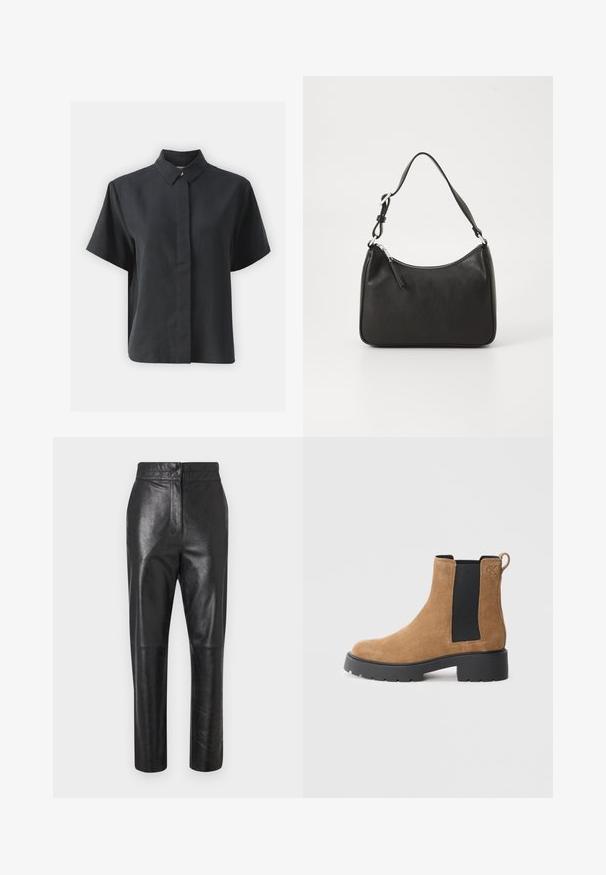 Kortärmad svart skjorta med knäppning och klassisk krage, tillverkad av ett slätt tyg, med rak passform och minimalistisk design.; Svarta läderbyxor med en polerad yta, skräddarsydd design, rak benform och subtil sömdetaljering. Ingen synlig hårdvara eller accenter.; Brun mockaskinnsankleboot med svart elastisk sidopanel, kraftig svart sula, dragflik bak, och präglad "cK"-logotyp nära vristen.; Svart läderhandväska med en böjd form, en enda rem, dragkedjestängning och subtil märkning på framsidan. Slät yta, minimalistisk design.