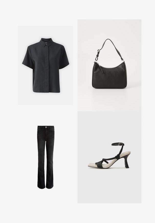 Lyhythihainen musta nappipaita, jossa on klassinen kaulus, valmistettu sileästä kankaasta, suoran leikkauksen ja minimalistisen muotoilun omaava.; Mustat leveälahkeiset farkut, jotka on valmistettu denimistä, korkealla vyötäröllä, viidellä taskulla ja hopeanvärisellä nappisuljenteella. Pinta on sileä ja siinä on hienovaraisia kulutuksia.; Mustat korkokengät, joissa on punottuolkaiminen design, neliömäinen kärki ja säädettävä nilkkahihna. Vaaleanbeige jalkapohja ja kiiltävä musta korko.; Mustat nahkakäsilaukku, jossa on kaareva muoto, yksi hihna, vetoketjukiinnitys ja hienovarainen brändäys etuosassa. Sujuva pinta, minimalistinen muotoilu.