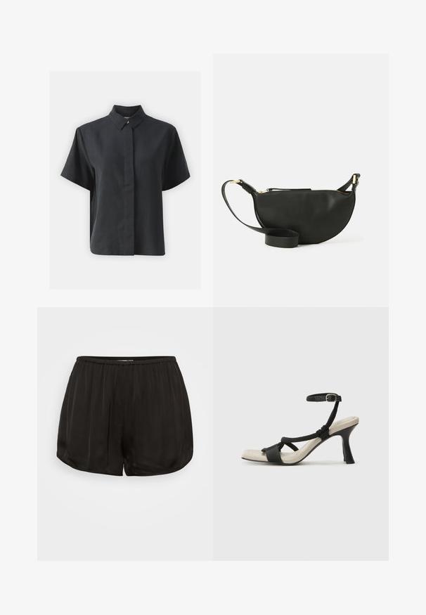 Černá košile s krátkým rukávem a klasickým límcem, vyrobená z hladkého materiálu, s rovnými liniemi a minimalistickým designem.; Černé saténové šortky s elastickým pasem, se sklady na designu. Okraje jsou zakulacené pro volný střih a hladkou texturu.; Černé sandály na podpatku s pleteným designem pásku, čtveratou špičkou a nastavitelným páskem kolem kotníku. Světle béžová stélka s lesklým černým podpatkem.; Černá kožená taška přes rameno ve tvaru půlměsíce, texturovaný povrch, zlatý zip a plochý popruh. Kompaktní design vhodný pro nezbytnosti.