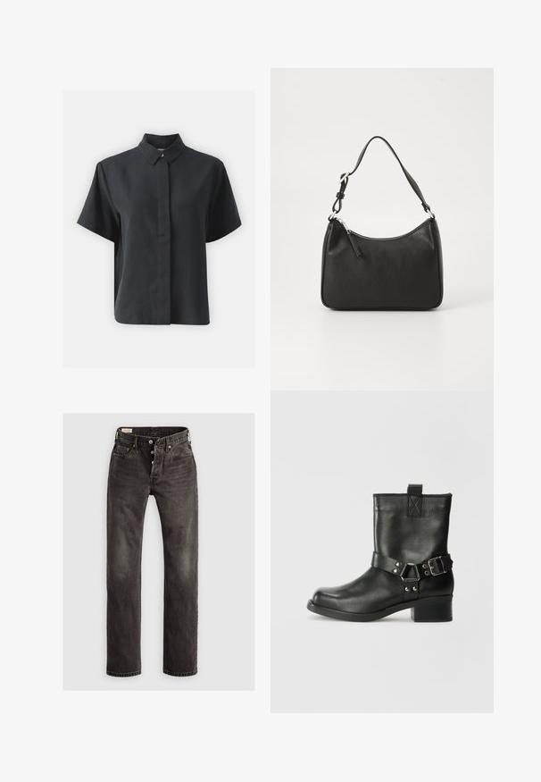 Kratkām piedurknēm melna pogājama krekla ar klasisku apkakli, kas izgatavots no gludas auduma, ar taisnu griezumu un minimālistisku dizainu.; Tumši pelēki taisni džinsi, kas izgatavoti no denima, ar pogu aizdari, piecu kabatu dizainu un vieglu izbalēšanu audumā.; Samsøe Samsøe SABRENTA - Kovboju/motociklistu tipa puszābaki - black; Melnas ādas rokassomu ar izliekta formu, vienu siksnu, ar rāvējslēdzēju aizdari un diskrētu zīmolu uz priekšpuses. Gluda tekstūra, minimālisma dizains.