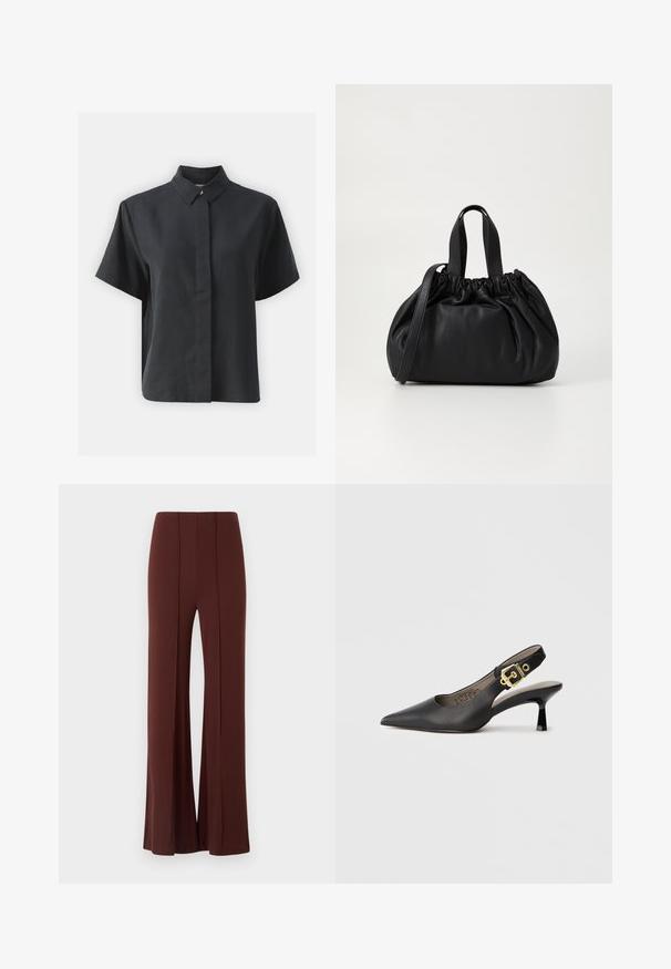 Krátky rukáv čierna zapínacia košeľa s klasickým golierom, vyrobená z hladkej tkaniny, s rovný strihom a minimalistickým dizajnom.; Hnedé široké nohavice s vysokým pásom, vyrobené z hladkej látky, s vertikálnymi švami vpredu a s čistým zakončením.; Čierne lodičky na podpätku so špicatou špičkou, hladkým koženým povrchom a zlatým prackovým zdobením na remienku.; Čierna kožená kabelka so zberaným vrchom, s dvoma krátkymi držadlami a dlhým nastaviteľným popruhom. Hladká textura, zaoblený tvar.