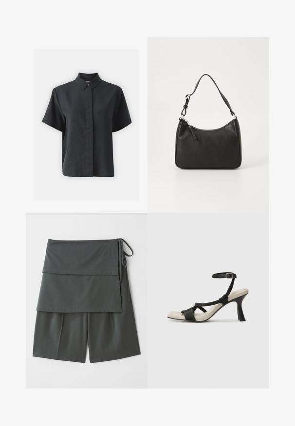 Juodos spalvos trumpomis rankovėmis mygtukinė marškiniai su klasikine apykakle, pagaminti iš lygaus audinio, turintys tiesų kirpimą ir minimalistinį dizainą.; Tamsiai pilki unisex šortai su sluoksniuotu dizainu, turintys viršutinį panelį ir šoninius raištelius. Pagaminti iš lygaus, lengvo audinio.; Juodų aukštakulnių sandalų su pintu dirželiu dizainas, kvadratine nosimi ir reguliuojamu kulkšnies dirželiu. Šviesiai bežė padas su blizgiu juodu kulnu.; Juoda odinė rankinė su išlenkta forma, viena dirželiu, užtrauktuko uždarymu ir subtiliu ženklinimu priekyje. Lygus paviršius, minimalistinis dizainas.
