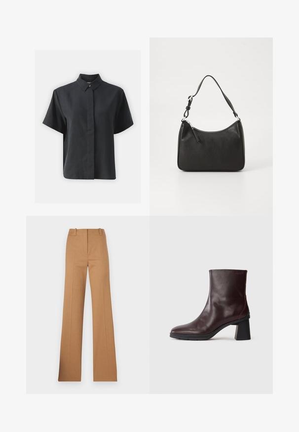 Kortermet svart skjorte med knapper og klassisk krage, laget av et glatt stoff, med rett skjæring og minimalistisk design.; HUGO HULANA - Chinos - open brown; Mørkebrun skinn ankelstøvel med blokkhæl og rund tå, utstilt på en enkel lys grå bakgrunn.; Svart lærveske med en buet form, en enkelt stropp, glidelåslukking og subtil merkevarebygging på forsiden. Glatt tekstur, minimalistisk design.