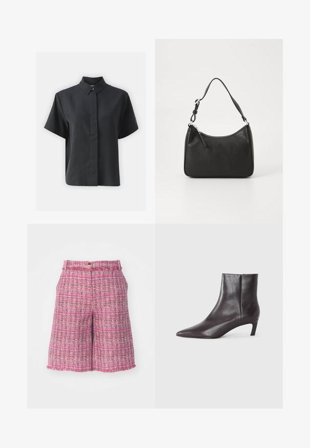 Chemise noire à manches courtes, avec un col classique, fabriquée en tissu lisse, présentant une coupe droite et un design minimaliste.; Shorts en tweed rose avec un motif texturé et un ourlet effiloché. Présente une taille avec fermeture à bouton. Tissu léger, longueur mi-cuisse.; Botte de cheville en cuir noir avec un bout pointu et un petit talon, finition lisse, fermeture éclair sur le côté, présentée sur un fond neutre.; Sac à main en cuir noir avec une forme courbée, une seule sangle, fermeture éclair et un logo discret à l'avant. Texture lisse, design minimaliste.