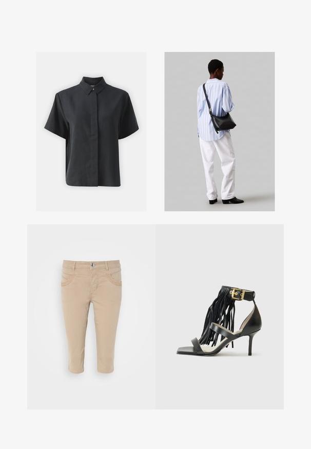 Černá košile s krátkým rukávem a klasickým límcem, vyrobená z hladkého materiálu, s rovnými liniemi a minimalistickým designem.; Bežové zkrácené chino kalhoty s hladkým bavlněným povrchem, které mají dvě přední kapsy a zapínání na knoflík v pase.; Černé sandály na vysokém podpatku s třásněmi, kotníkový pásek se zlatým kováním, plochá čtvercová špička a dva překřížené pásky přes nárt.; Černá kožená kabelka přes rameno s jemnou texturou, trojúhelníkovým tvarem a nastavitelným popruhem, v kombinaci se světle modrou pruhovanou košilí a bílými kalhotami.