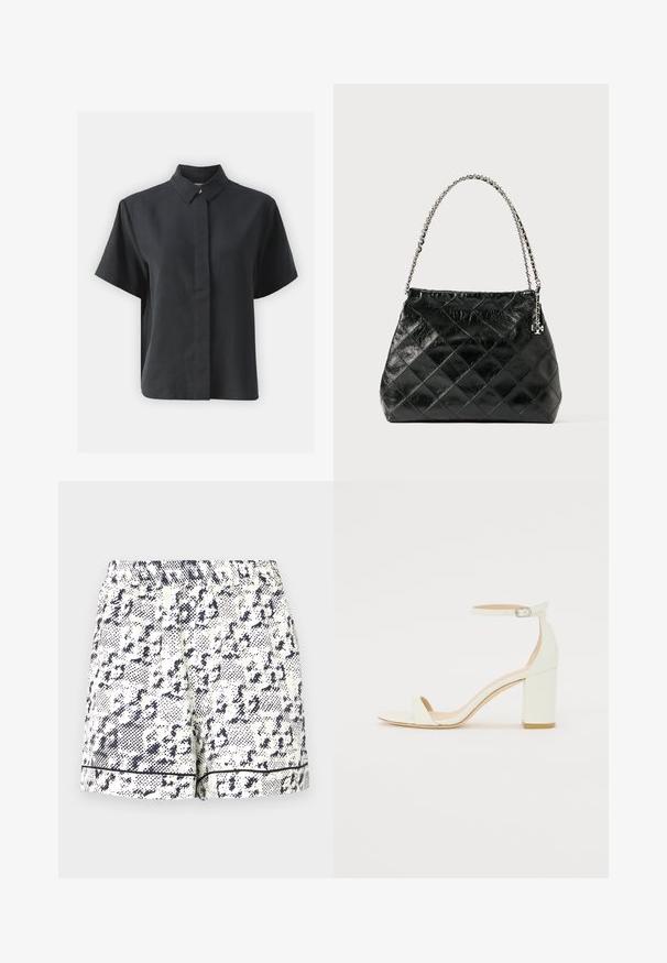 Camisa preta de botão de manga curta com colarinho clássico, feita de um tecido suave, com corte reto e design minimalista.; Calções brancos com um padrão abstrato preto, cintura elástica e acabamento preto sólido na bainha. Feitos de um tecido leve.; Sandal de bloco em pele branca, apresentando uma correia no tornozelo com fivela e um design minimalista. Com biqueira aberta e texturas suaves ao longo de toda a peça.; Mala de mão preta em pele acolchoada com alça em corrente prateada, apresentando um design estruturado e textura lisa.