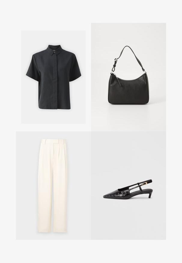 Kortermet svart skjorte med knapper og klassisk krage, laget av et glatt stoff, med rett skjæring og minimalistisk design.; Lys beige vide bukser med en glat tekstur, der har folder foran og en flad taljeelastik. Ingen synlige lukninger eller lommer.; Sorte skinn slingback-sko med spiss tå og krokodillemønster, liten stablet hæl og justerbar stropp med metallspenne.; Svart lærveske med en buet form, en enkelt stropp, glidelåslukking og subtil merkevarebygging på forsiden. Glatt tekstur, minimalistisk design.