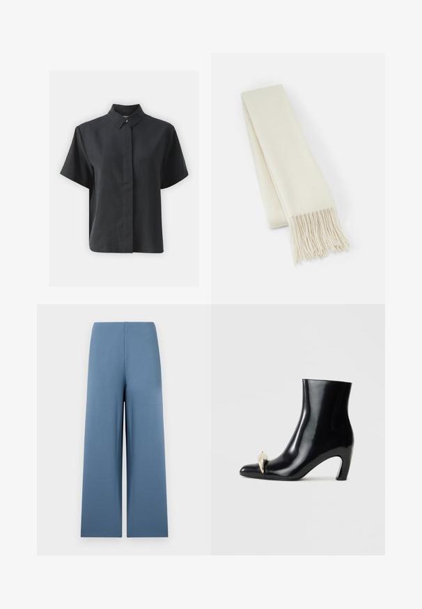 Černá košile s krátkým rukávem a klasickým límcem, vyrobená z hladkého materiálu, s rovnými liniemi a minimalistickým designem.; Široké kalhoty z měkké modré tkaniny. Mají bezešvý pas a rovnoměrnou, hladkou texturu. Žádné viditelné zapínání ani kapsy.; Černé kotníkové boty vyrobené z lesklé kůže, s špičatou špičkou a dekorativním zlatým a stříbrným akcentem na přední straně. Design s blokovým podpatkem.; Bílý vlněný šátek, obdélníkový tvar, hladká textura, má třásně na koncích pro vyšší detail.; Černá kožená taška přes rameno s dvěma dlouhými popruhy, staženým vrškem a zlatým kruhovým akcentem. Hladký povrch s minimalistickým designem.
