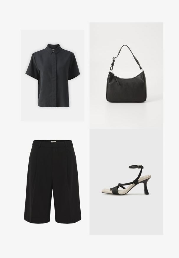 Kurzärmliges schwarzes Hemd mit Knopfleiste und klassischem Kragen, aus einem glatten Stoff gefertigt, mit geradem Schnitt und minimalistischem Design.; Part Two KAIRAPW - Shorts - black; Schwarze Absatzsandale mit geflochtenem Riemendesign, quadratischer Spitze und verstellbarem Knöchelriemen. Helle beigefarbene Sohle mit glänzendem schwarzen Absatz.; Schwarze Lederhandtasche mit geschwungener Form, einem einzigen Tragegurt, Reißverschlussverschluss und dezentem Branding auf der Vorderseite. Glatte Textur, minimalistisches Design.