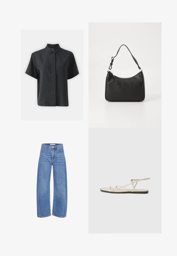 Kratkām piedurknēm melna pogājama krekla ar klasisku apkakli, kas izgatavots no gludas auduma, ar taisnu griezumu un minimālistisku dizainu.; Gai ziliņi džinsi ar platām kājām un augstu jostu, ar pogu un rāvējslēdzēju, piecām kabatām un maigi izbalējušām detaļām.; Bežīgas plakanas čības ar vairākiem plāniem siksniņām un regulējamu sprādzi. Zole ir plakana ar nelielu tumšu kontrastu malā.; Melnas ādas rokassomu ar izliekta formu, vienu siksnu, ar rāvējslēdzēju aizdari un diskrētu zīmolu uz priekšpuses. Gluda tekstūra, minimālisma dizains.