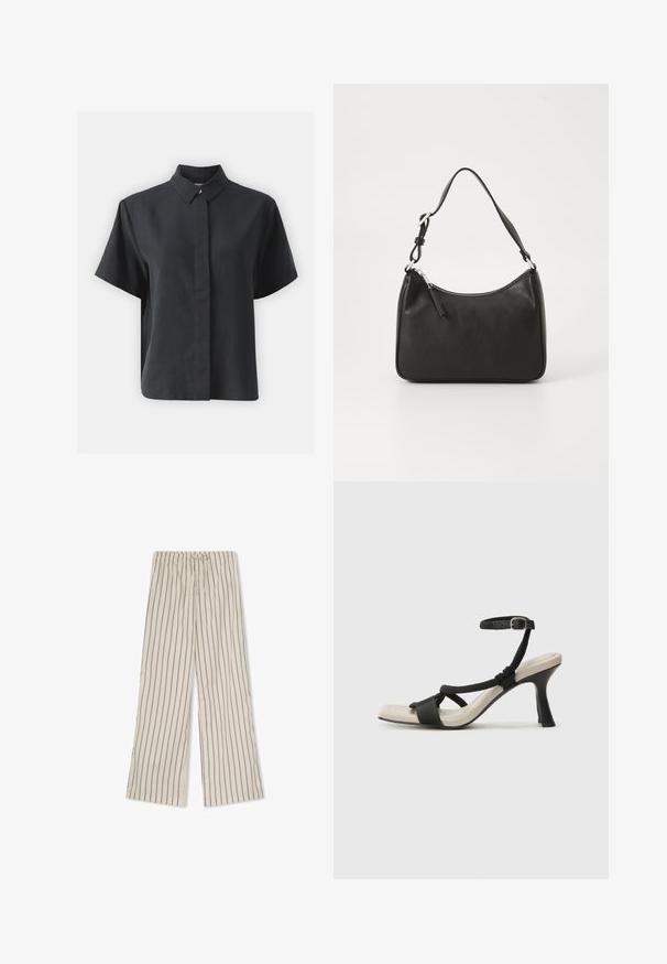 Kratka črna srajca na gumb s kratkimi rokavi in klasičnim ovratnikom, izdelana iz gladkega blaga, s ravnim krojem in minimalističnim dizajnom.; Lahki, kremasto obarvane hlače iz tkanine z navpičnimi rjavimi črtami, z elastičnim pasom in vezalko ter širokimi nogavicami.; Črne sandale na visoki peti z prepletenim trakom, kvadratnim nosom in nastavljivim gležnjenjem. Svetlo bež podplat z sijajno črno peto.; Črna usnjena torba za roke s ukrivljenim oblikom, enim trakom, zadrgo in diskretnim blagovnim znamkom na sprednjem delu. Gladka tekstura, minimalističen dizajn.