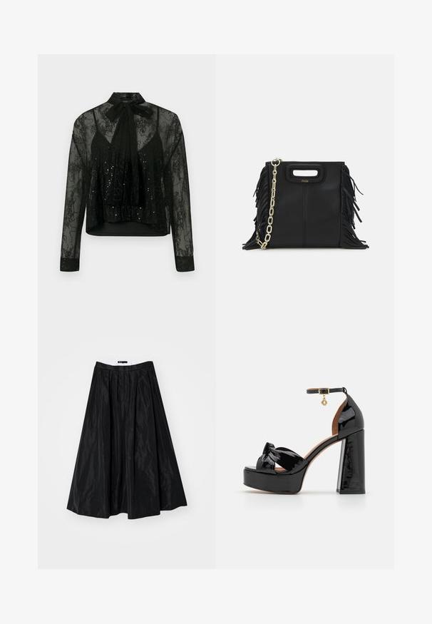 Czarna przezroczysta bluzka z długimi rękawami, z koronkowym wykończeniem i detalami z cekinów, z kokardą na szyi i krojem krótkim.; Maje - Spódnica trapezowa; Maje - Sandały na obcasie; Czarna skórzana torebka na ramię z frędzlami, złotym łańcuszkiem oraz wyciętym uchwytem. Posiada umieszczone na przodzie logo.