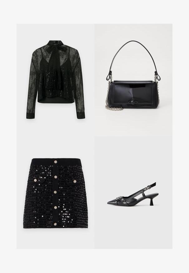 Czarna przezroczysta bluzka z długimi rękawami, z koronkowym wykończeniem i detalami z cekinów, z kokardą na szyi i krojem krótkim.; Czarna spódnica z cekinami, o dopasowanym kroju, z dwiema przednimi kieszeniami i dekoracyjnymi guzikami z akcentami w postaci kamieni szlachetnych. Gładka tekstura na całej powierzchni.; Czarne skórzane buty typu slingback z ostrym noskiem, ozdobnymi paskami z metalowymi oczkami oraz niskim klinowym obcasem. Teksturowana powierzchnia.; Czarna torebka z lakierowanej skóry o prostokątnym kształcie, z łańcuszkowym paskiem i charakterystycznym akcentem ze sprzętem na środku. Gładka tekstura.