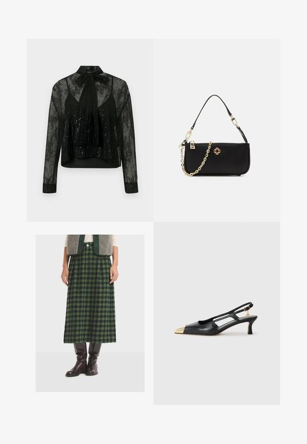 Sort gennemsigtig bluse med lange ærmer, med en blonde-overflade og pailletdetaljer, prydet med en hals-sløjfe og et cropped design.; Grøn- og marineblå ternet midi-nederdel lavet af tekstureret stof, med plisseringer og lige snit, parret med knæhøje brune læderstøvler.; Sort læderslingback sko med spids tå og guldmetal hætte. Har udskæringsdesign og en slank hæl med justerbar rem.; Sort håndtaske med en glat tekstur, der har en guld kædesti, lynlås lukning og et dekorativt guld emblem på forsiden.