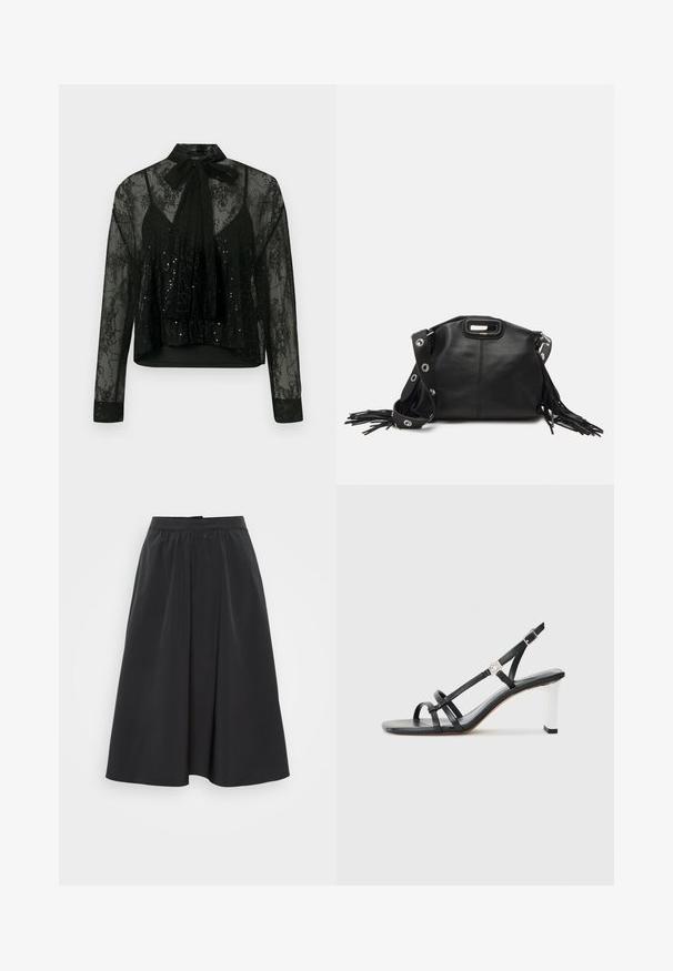 Bluză neagră din material transparent, cu mâneci lungi, având un overlay din dantelă și detalii cu mărgele, accesorizată cu un funda la gât și un design scurt.; Fustă midi neagră dintr-un material neted, cu o talie căptușită și pliuri subtile, creând o silueta fluidă.; Sandale negre cu toc înalt, cu mai multe curele înguste, design slingback și un accent argintiu pe toc. Material superior neted și toc pătrat.; Maje MISS MINI - Geantă crossbody - noir