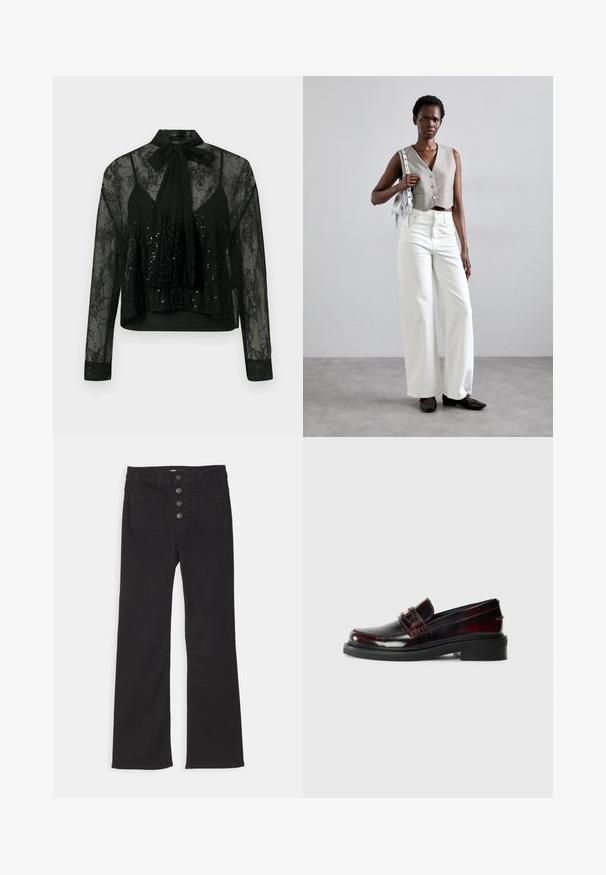 Zwarte doorschijnende blouse met lange mouwen, voorzien van een kanten overlay en paillettenaccenten, afgewerkt met een strikje op de nek en een cropped ontwerp.; Zwarte denim flared jeans met een hoge taille, vijf zakken en een sluiting met een voorkant met vier metalen knopen.; Leren instapper in donker bordeaux met een glanzende afwerking. Kenmerkt zich door een gestikt bovenwerk, een voorband en een platte rubberen zool.; Grijs gecropped vest met knopen, gecombineerd met witte wijde jeans en zwarte platte schoenen. Geaccentueerd met een kleine zilveren franjen tas.
