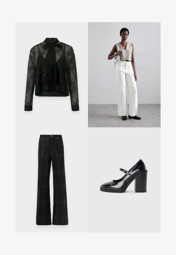 Blusa negra transparente con mangas largas, que presenta un encaje y detalles de lentejuelas, rematada con un lazo en el cuello y un diseño corto.; Pantalones de pierna ancha negros con una superficie texturizada, que presenta un patrón brillante. Terminados con una cinturilla estándar y adornos de botones metálicos.; Zapato de tacón alto de charol negro con punta redonda, tira en el tobillo, detalle de hebilla plateada y tacón cuadrado grueso.; Chaleco gris cortado con botones, combinado con pantalones vaqueros de pierna ancha blancos y zapatos planos negros. Accesorios con un pequeño bolso de flecos plateado.