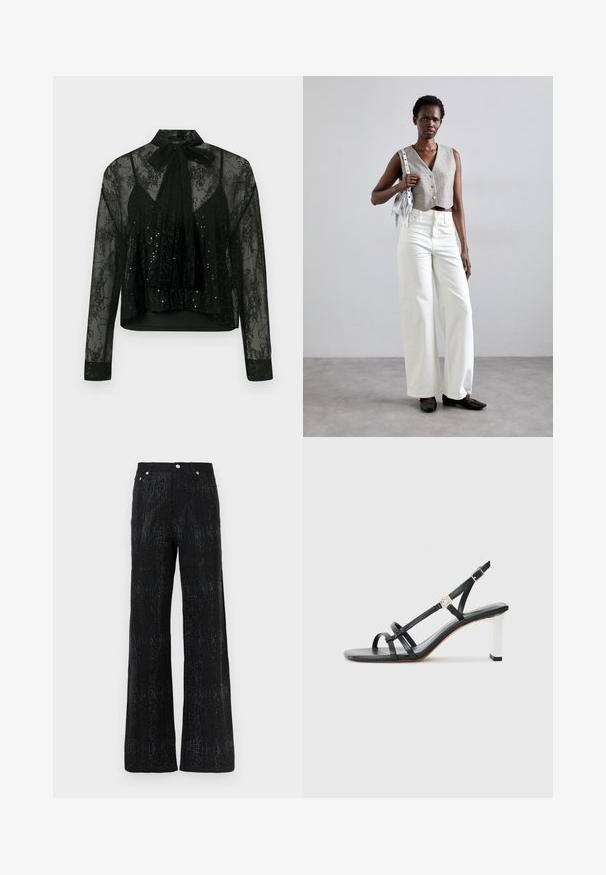 Black sheer blouse with long sleeves, featuring a lace overlay and sequin detailing, topped with a neck bow tie and a cropped design.; Black wide-leg trousers with a textured surface, featuring a shimmering pattern. Finished with a standard waistband and metal button accents.; Black heeled sandals with multiple narrow straps, a slingback design, and a silver accent on the heel. Smooth upper material and square heel.; Gray cropped vest with buttons, paired with white wide-leg jeans and black flat shoes. Accessorized with a small silver fringe bag.