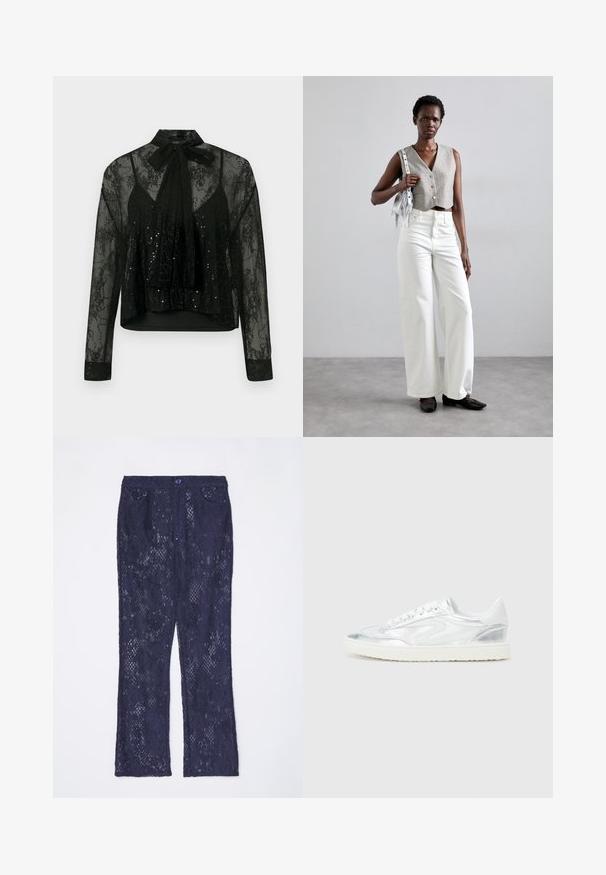 Svart gjennomsiktig bluse med lange ermer, med blonderoverlegg og paljettdetaljer, toppet med en slipsknute i halsen og en kort design.; Marine blå blondebukser med udvidet design, der har en talje, to frontlommer og knaplukning. Mønstrede med indviklet blonderdetalje.; Hvite sneakers med metallisk sølvakenter, glatt tekstur, rund tå, flat såle og tradisjonelt snøringdesign.; Grå kort vest med knapper, kombinert med hvite vide jeans og svarte flate sko. Tilbehør med en liten sølvfringe-veske.