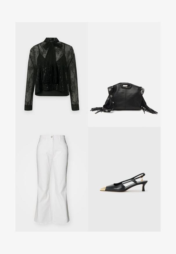 Black sheer blouse with long sleeves, featuring a lace overlay and sequin detailing, topped with a neck bow tie and a cropped design.; White flared jeans made of denim with a raw hem. Features a button closure and front pockets. Classic design with a modern cut.; Black leather slingback shoe with a pointed toe and gold metallic cap. Features cut-out design and a slender heel with an adjustable strap.; Maje MISS MINI - Cross body bag - noir; Gold-tone earrings with multiple cascading chains, featuring clear oval rhinestone accents and decorative stud tops.