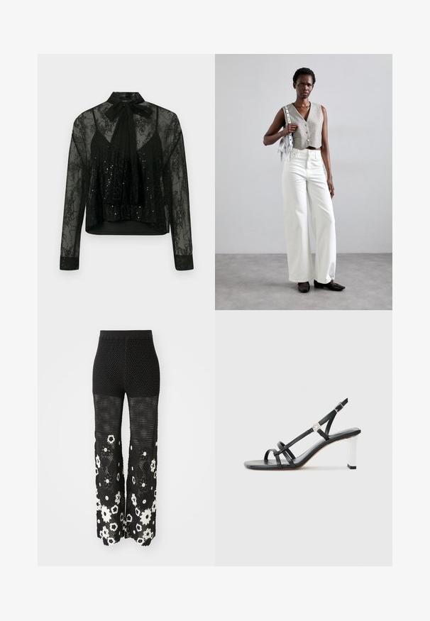 Fekete, áttetsző blúz hosszú ujjakkal, csipkével borított, flitterdíszítéssel, nyakkendővel a nyaknál és cropped fazonnal.; Maje POCHETTY - Nadrágok - noir/blanc; Fekete magassarkú szandál, több keskeny pánttal, slingback fazonnal és ezüst szegéllyel a sarkon. Simább anyagú felsőrész és négyzet alakú sarok.; Szürke, gombos cropped mellény, fehér, széles szárú farmernadrággal és fekete lapossarkú cipővel párosítva. Kiegészítve egy kis ezüst francia táskával.