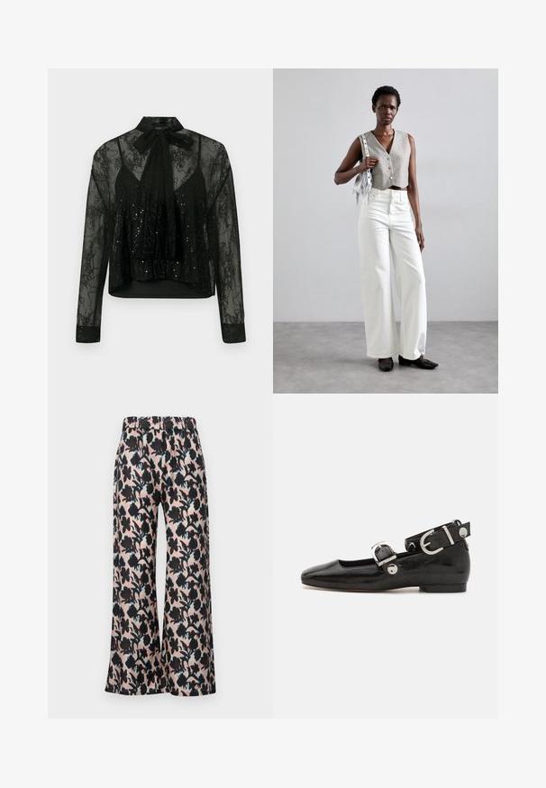 Crna prozirna bluzica s dugim rukavima, na kojoj se nalazi čipkasta podloga i detalji od sjaja, sa čvorom za vezanje oko vrata i skraćenim dizajnom.; MUNTHE ARUM - Hlače - rose; Crne lakirane balerinke sa četvrtastim vrhom, remenom oko zapešća sa srebrnim detaljima i ravnim đonom. Glatka tekstura s minimalističkim dizajnom.; Sivi skraćeni prsluk s gumbima, uparen s bijelim širokim trapericama i crnim ravnim cipelama. Dodano male srebrne frizure.