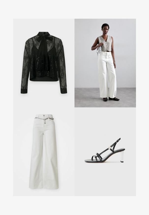 Fekete, áttetsző blúz hosszú ujjakkal, csipkével borított, flitterdíszítéssel, nyakkendővel a nyaknál és cropped fazonnal.; Széles lábú fehér farmernadrág magas derékkal, lánc díszítéssel a derekában és klasszikus öt zsebes kialakítással.; Fekete magassarkú szandál, több keskeny pánttal, slingback fazonnal és ezüst szegéllyel a sarkon. Simább anyagú felsőrész és négyzet alakú sarok.; Szürke, gombos cropped mellény, fehér, széles szárú farmernadrággal és fekete lapossarkú cipővel párosítva. Kiegészítve egy kis ezüst francia táskával.