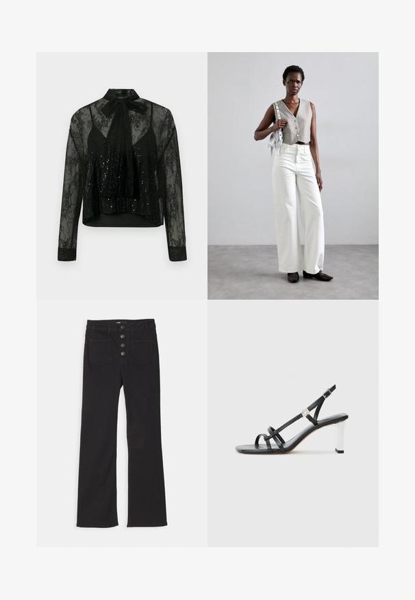 Crna prozirna bluzica s dugim rukavima, na kojoj se nalazi čipkasta podloga i detalji od sjaja, sa čvorom za vezanje oko vrata i skraćenim dizajnom.; Crne traperice s flared krojem, visokim strukom, dizajnom s pet džepova i prednjim zatvaranjem na gumb sa četiri metalna gumba.; Crne sandale na visokoj potpetici s više uskih trakica, dizajnom s remenom oko pete i srebrnim detaljem na potpetici. Glatki gornji materijal i kvadratna potpetica.; Sivi skraćeni prsluk s gumbima, uparen s bijelim širokim trapericama i crnim ravnim cipelama. Dodano male srebrne frizure.