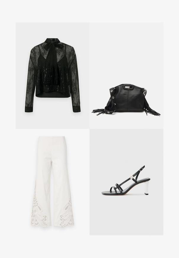 Musta läpikuultava paita pitkillä hihoilla, jossa on pitsiyksityiskohtia ja paljettikoristelu, varustettuna kauluskavennehteellä ja lyhennetty muotoilu.; Valkoisista kankaista valmistetut leveälahkeiset housut, joissa on monimutkaisia beigenvärisiä brodeerauksia ja aallotetut helmat alhaalla.; Musta korolliset sandaalit, joissa on useita kapeita hihnoja, slingsback-muotoilu ja hopeinen yksityiskohta kantapään kohdalla. Sileä päällismateriaali ja neliömäinen korko.; Maje MISS MINI - Olkalaukku - noir