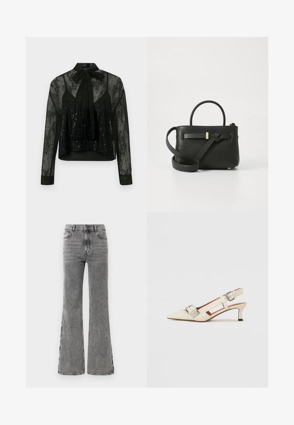Svart gjennomsiktig bluse med lange ermer, med blonderoverlegg og paljettdetaljer, toppet med en slipsknute i halsen og en kort design.; Flared svarte denimjeans med høy midje. Har synlig søm og sideløsninger, som gir et strukturert utseende.; Hvit lær slingback sko med spiss tå, liten hæl og justerbar stropp med en fremtredende sølvspenne.; Svart skinnhåndveske med teksturert overflate, topphåndtak og lang justerbar stropp. Har et gullfarget hardwaredetalj på forsiden.