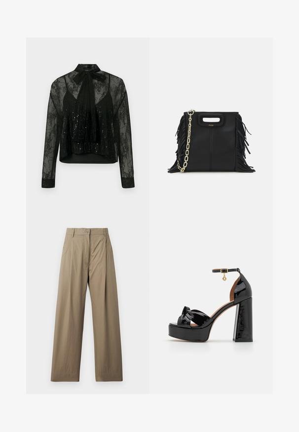 Czarna przezroczysta bluzka z długimi rękawami, z koronkowym wykończeniem i detalami z cekinów, z kokardą na szyi i krojem krótkim.; Khaki szerokie spodnie wykonane z mieszanki bawełny, z zapięciem na guzik, bocznymi kieszeniami oraz gładką fakturą z delikatnym połyskiem.; Maje - Sandały na obcasie; Czarna skórzana torebka na ramię z frędzlami, złotym łańcuszkiem oraz wyciętym uchwytem. Posiada umieszczone na przodzie logo.