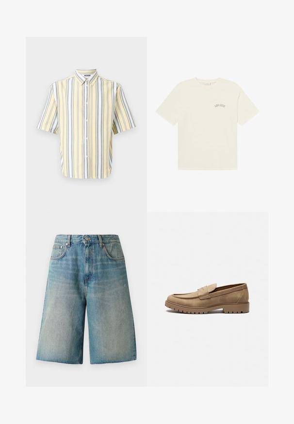 Short-sleeve shirt in yellow with vertical gray and white stripes, featuring a button-down collar and front button closure.; Cream-colored cotton t-shirt with short sleeves and a round neckline, featuring the text "LES DEUX" in a curved design on the chest.; Light blue denim shorts with a straight cut, high waist, and frayed hem. Features five pockets and a button closure at the front.; Tan suede loafers with a rounded toe, flat rubber sole, and decorative stitching on the upper. Features a slip-on design with no lace.