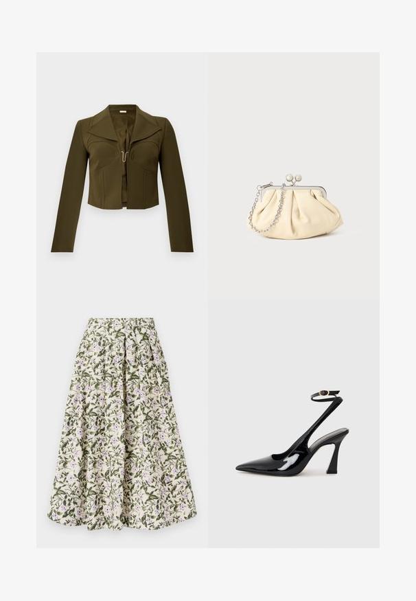 Olivevihreä lyhyt takki, jossa on jämäkkä muotoilu, terävät läpät, pitkät hihat ja etuosassa koukkukiinnitys, valmistettu sileästä kankaasta.; Kukkamekko, jossa on kerma-taustaväri, vihreitä lehtiä ja violetteja kukkia. Joustava vyötärö, laskostettu muotoilu ja kevyt kangas.; Musta patenttinen nahka slingback-korkokengät, joissa on teräväkärkinen muoto, säädettävä nilkkastrappi ja kohtuullinen lohkokorko. Sujuva pinta kiiltävällä viimeistelyllä.; Beige nahkaista kassi, jossa on laskostus ja hopeinen metallirunko, kaksi pyöreää koristeellista solkea sekä hopeaketjuolkayh.