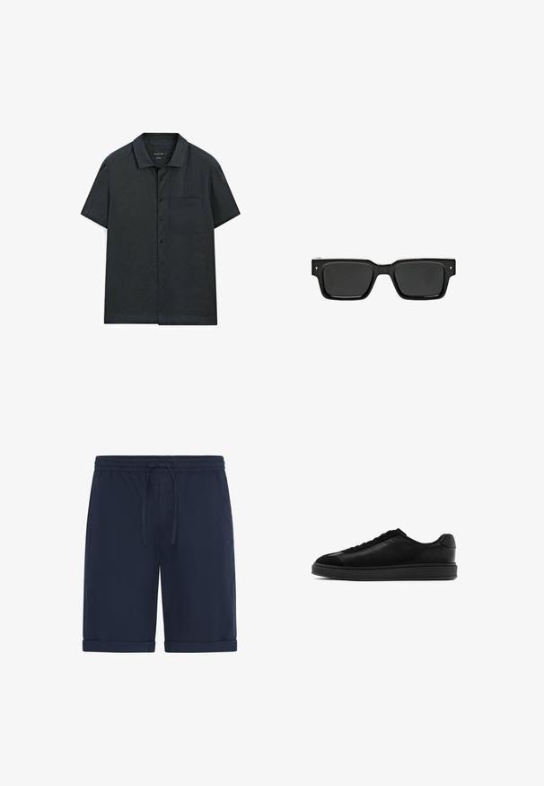 Camicia a maniche corte con bottoni in tessuto grigio scuro, con colletto semplice, taschino singolo e una consistenza liscia.; T-shirt in cotone bianco a maniche corte, con scollatura rotonda. Presenta una grafica stampata in rosso e nero nella zona sinistra del petto.; Pantaloncini blu navy realizzati in tessuto leggero, caratterizzati da una vita elastica con coulisse e risvolti. Tessitura liscia, design casual.; Sneaker in pelle nera con finitura liscia, punta rotonda, laccio frontale e linguetta testurizzata a contrasto. Suola in gomma nera spessa.; Occhiali da sole rettangolari neri con lenti scure, montatura in plastica lucida e piccoli dettagli firmati sulle tempie. Profilo piatto e angoli netti.