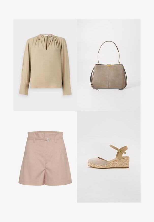 Blusa de manga longa bege com decote em forma de olho de fechadura, detalhes franzidos nos ombros e corte reto. Tecido suave com mangas com punho.; Calções ajustados em rosa claro, feitos de um tecido texturado, com uma cintura larga, passantes para cinto e um detalhe de fivela prateada.; Sandália de cunha embeijada com parte superior em tecido texturizado e tira ajustável no tornozelo; meia sola em juta, sola plana em borracha.; Tommy Hilfiger CASUAL SHOULDER BAG - Mala de mão - coastal taupe