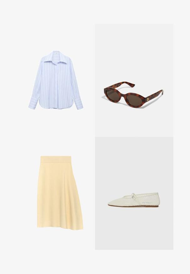 Helles blaues Langarmshirt mit vertikalen weißen Streifen, spitzem Kragen und Knopfverschluss. Besitzt eine lockere Passform und Umschlagsäume.; Cremfarbener Midi-Rock mit asymmetrischem Saum und tailliertem Bund, hergestellt aus weichem, glattem Stoff.; Cremefarbene Netz-Ballettschuhe mit spitzem Zehenbereich und verstellbarem Riemen. Verfügt über ein strukturiertes Obermaterial und eine flache, braune Sohle.; Schildpatt-Sonnenbrillen mit runden Rahmen, dunklen Gläsern und goldfarbener Logodetailierung an den Schläfen. Glattes Kunststoffmaterial, keine sichtbaren Muster.; Braune, geflochtene Lederhandtasche mit einer lässigen, dreieckigen Form. Verfügt über einen geflochtenen Griff und einen Reißverschluss an der Oberseite.