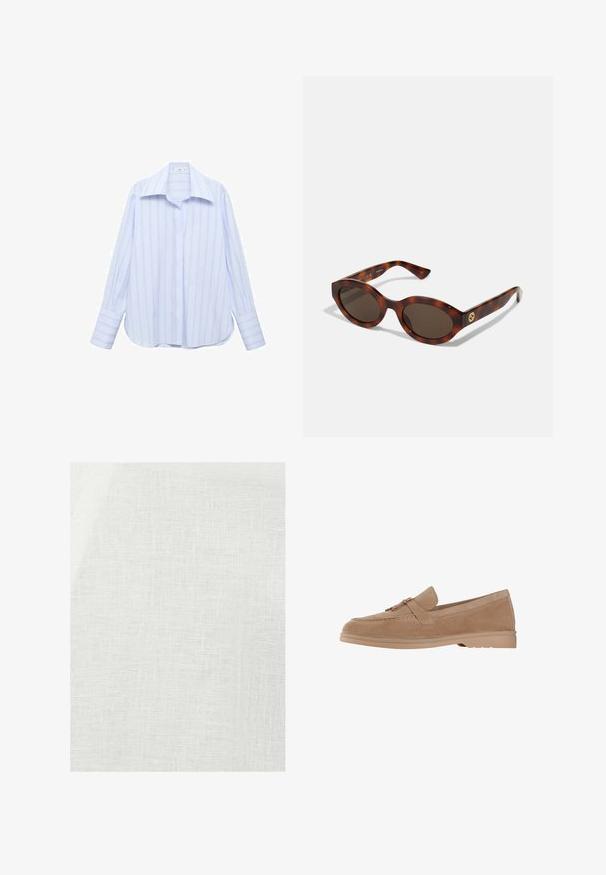 Helles blaues Langarmshirt mit vertikalen weißen Streifen, spitzem Kragen und Knopfverschluss. Besitzt eine lockere Passform und Umschlagsäume.; Weißer Leinenstoff mit strukturierter Webart, der eine leicht undurchsichtige Erscheinung und natürliche Unregelmäßigkeiten im Material aufweist.; Wildleder Slipper in hellbeige mit runder Zehenpartie, ausgestattet mit einem dekorativen Riemen und goldfarbenen Details, auf einer leichten Gummisohle.; Schildpatt-Sonnenbrillen mit runden Rahmen, dunklen Gläsern und goldfarbener Logodetailierung an den Schläfen. Glattes Kunststoffmaterial, keine sichtbaren Muster.; Braune, geflochtene Lederhandtasche mit einer lässigen, dreieckigen Form. Verfügt über einen geflochtenen Griff und einen Reißverschluss an der Oberseite.