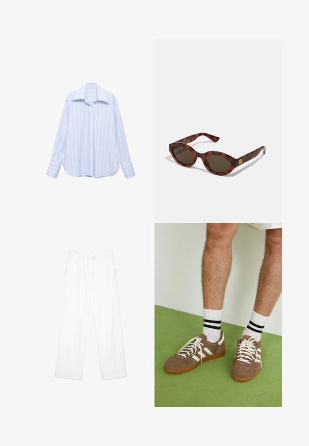 Lichtblauw overhemd met lange mouwen, voorzien van verticale witte strepen, een puntkraag en knoopsluiting. Heeft een relaxte pasvorm en omgeslagen mouwen.; Witte linnen broek met een losse pasvorm, voorzien van een rechte pijpontwerp, zijzakken en een platte tailleband. Gladde textuur overal.; Bruine suède sneakers met witte accenten en veters. Rubberen gumzool. Draag met witte sokken met zwarte strepen. Groene gestructureerde vloer.; Schildpadbril met ronde montuur, donkere lenzen en gouden logo-detailering op de achterste pootjes. Glad kunststof materiaal, zonder zichtbare patronen.; Bruine geweven leren handtas met een slonzig, driehoekig model. Voorzien van een gevlochten handvat en een ritssluiting aan de bovenkant.