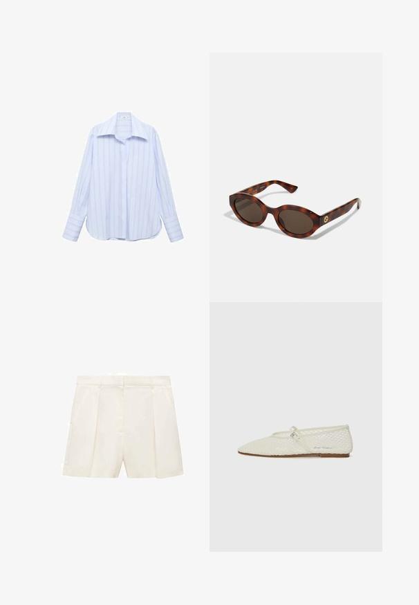 Chemise à manches longues bleu clair avec des rayures blanches verticales, un col pointu et une fermeture à boutons. Elle présente une coupe décontractée et des manches à poignets.; Shorts taillés de couleur crème avec plis, arborant une texture lisse et une taille structurée. Poches avant de chaque côté.; Ballerines en maille de couleur crème avec un bout pointu et une sangle ajustable. Présentent un dessus texturé et une semelle plate marron.; Lunettes de soleil en écaille de tortue avec des montures rondes, des verres foncés et des détails en or sur les branches. Matériau en plastique lisse, sans motifs visibles.; Sac à main en cuir tissé marron avec une forme triangulaire et souple. Il possède une poignée tressée et une fermeture éclair sur le dessus.