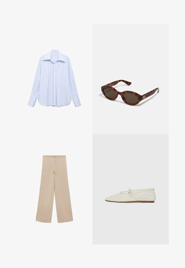 Light blue long-sleeve shirt with vertical white stripes, a pointed collar, and button closure. Features a relaxed fit and cuffed sleeves.; Beige wide-leg pants made of soft fabric, featuring a drawstring waistband and smooth texture, with no patterns or additional hardware.; Cream-colored mesh ballet flat with a pointed toe and adjustable strap. Features a textured upper and a flat, brown sole.; Tortoiseshell sunglasses with rounded frames, dark lenses, and gold logo detailing on the temples. Smooth plastic material, no visible patterns.