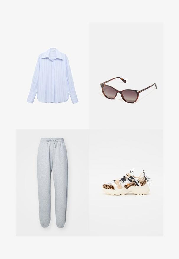 Světle modrá dlouhá košile s vertikálními bílými pruhy, s špicatým límcem a zapínáním na knoflíky. Má volný střih a manžety.; Světle šedé tepláky vyrobené z měkké bavlněné směsi, s elastickým pasem na šňůrku, zúženými nohavicemi a žebrovanými manžetami. Minimální detaily značky.; Tenisky s designem leoparda, síťovinou a syntetickými materiály, krémovou podešví a elastickými tkaničkami s černobílými akcenty.; Brýle ve stylu želvovin s gradientovými skly, kulatého tvaru a tenkými stranicemi. Jsou zdobeny zlatými akcenty a logem na straně.
