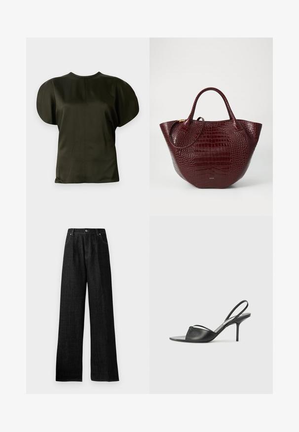 Short-sleeve top in dark olive green, featuring a smooth, satin-like texture, rounded shoulders, and a simple crew neckline.; Black denim wide-leg pants with a high waist, featuring tonal stitching, a front button closure, and two side pockets.; Black leather slingback heels with a pointed toe, thin ankle strap, and stiletto heel. Features a knotted detail on the vamp.; Maroon crocodile-embossed leather tote bag with two handles, a rounded shape, and a subtle gold-tone hardware accent.