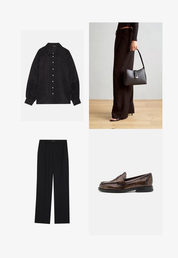 Camisa negra de botones con rayas blancas, con cuello pointed, manga larga y puños elásticos. Hecha de una tela texturizada.; Pantalones negros con un diseño de pierna recta, que cuentan con dos bolsillos frontales y una cinturilla. Fabricados con una tela suave y ligera.; Mocasines de cuero marrón con un acabado texturizado, punta redondeada y suela baja de goma negra. Presentan un diseño clásico de tira tipo penny.; Bolso negro con forma estructurada, textura suave y un cierre metálico. Combinado con pantalones anchos negros y sandalias de dedo en un suelo de madera.