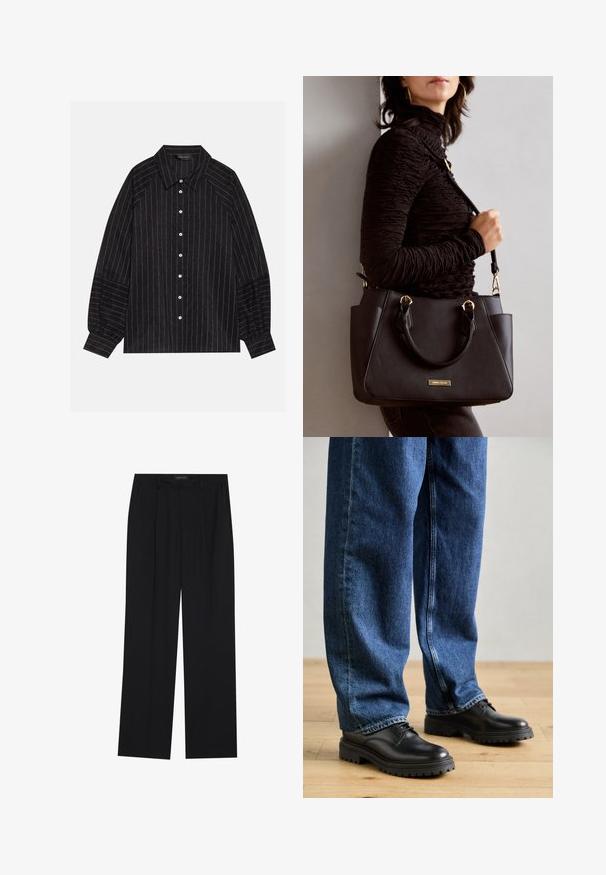 Svart knappad skjorta med vita ränder, med en spetsig krage, långa ärmar och elastiska manschetter. Tillverkad av ett strukturerat tyg.; Svarta byxor med rak passform, som har två framfickor och midjeband. Tillverkade av ett mjukt, lätt tyg.; Svarta läderskor med rundad tå, snörningsdesign och tjock, texturerad gummisula, i kombination med löst sittande blå denimjeans.; Svart handväska med texturerad yta, dubbla handtag upptill och justerbar axelrem. Utrustad med detaljer i guld och sidofickor.