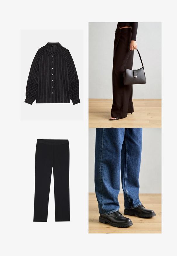 Camisa preta de botão com riscas brancas, com colarinho pontudo, mangas longas e punhos elásticos. Feita de um tecido texturizado.; Calças pretas com um design de perna reta, apresentando bolsos laterais e uma textura de tecido suave. Detalhes mínimos, cós limpo.; Sapatos de couro preto com biqueira arredondada, design de atacadores e sola de borracha espessa e texturizada, combinados com calças de ganga azul de corte largo.; Bolsa preta com forma estruturada, textura suave e um fecho metálico. Combinada com calças largas pretas e sandálias de salto aberto sobre um chão de madeira.