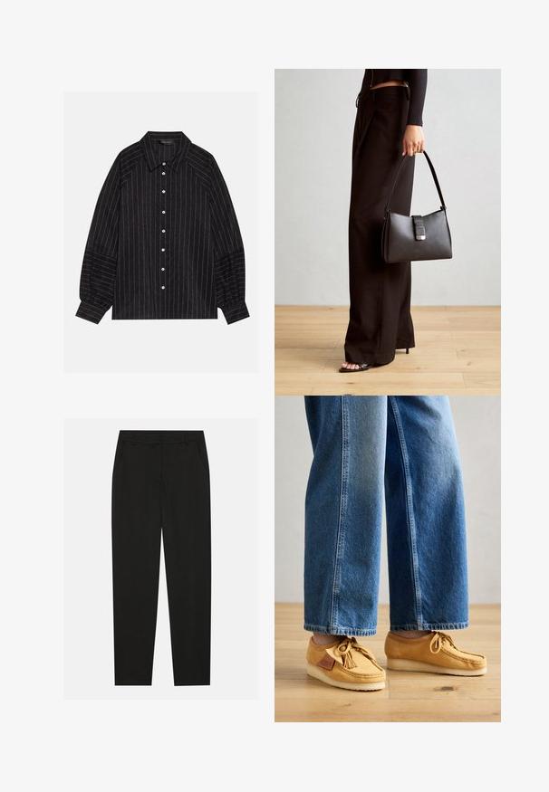 Fekete gombos ing, fehér csíkokkal, hegyes gallérral, hosszú ujjaival és rugalmas mandzsettáival. Texturált anyagból készült.; Fekete nadrág testreszabott kialakítással, oldalsó zsebekkel és egyenes lábbal. Simább, könnyű szövetből készült, elegáns felülettel.; Barna velúr mokaszin stílusú cipők bojttal, kerek orrú és krémszínű gumitalppal, amelyet rövidített kék farmernadrággal párosítanak. Fa padló háttér.; Fekete kézi táska strukturált formával, sima textúrával és fémből készült záródással. Széles fekete nadrággal és nyitott orrú szandállal párosítva, fából készült padlón.